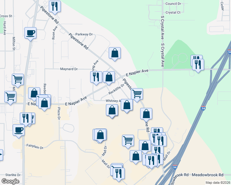 map of restaurants, bars, coffee shops, grocery stores, and more near 1418 Rackliffe Drive in Benton Harbor