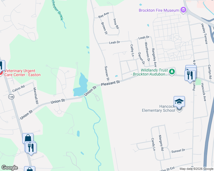 map of restaurants, bars, coffee shops, grocery stores, and more near 1371 Pleasant Street in Brockton