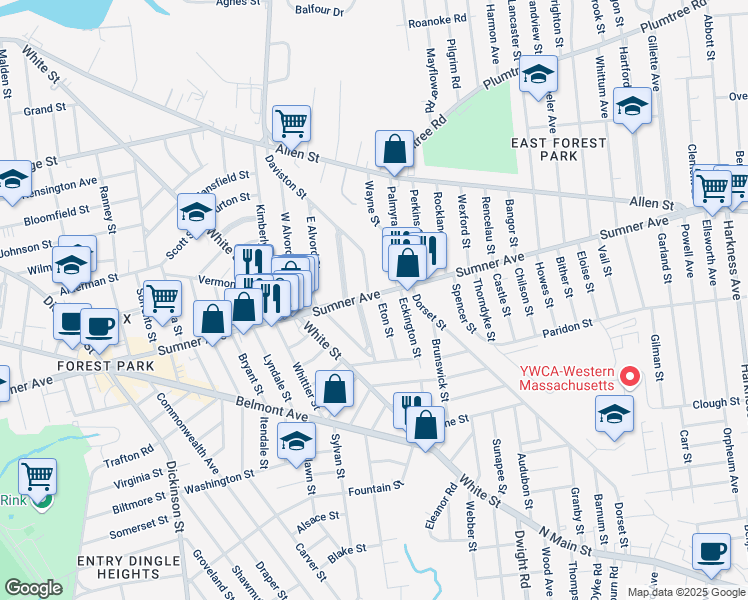 map of restaurants, bars, coffee shops, grocery stores, and more near 845 Sumner Avenue in Springfield