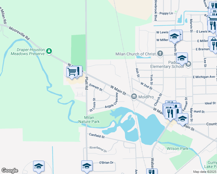 map of restaurants, bars, coffee shops, grocery stores, and more near 411 West Main Street in Milan