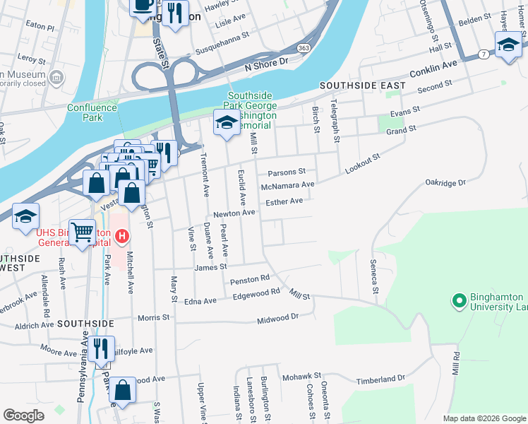 map of restaurants, bars, coffee shops, grocery stores, and more near 49 Mill Street in Binghamton