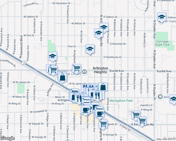 map of restaurants, bars, coffee shops, grocery stores, and more near Euclid Avenue & North Dunton Avenue in Arlington Heights