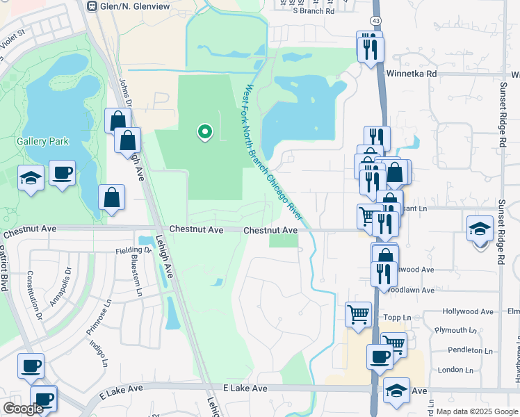 map of restaurants, bars, coffee shops, grocery stores, and more near 1900 Chestnut Avenue in Glenview