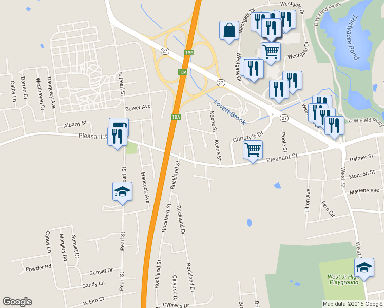 map of restaurants, bars, coffee shops, grocery stores, and more near 26 Homesite Road in Brockton