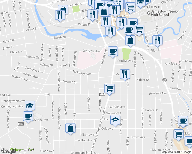 map of restaurants, bars, coffee shops, grocery stores, and more near 108 Barrett Avenue in Jamestown