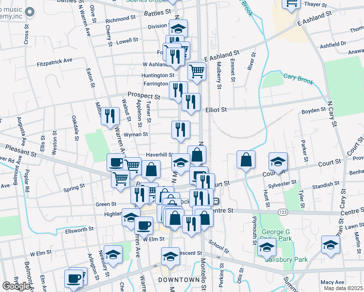 map of restaurants, bars, coffee shops, grocery stores, and more near 135 North Main Street in Brockton