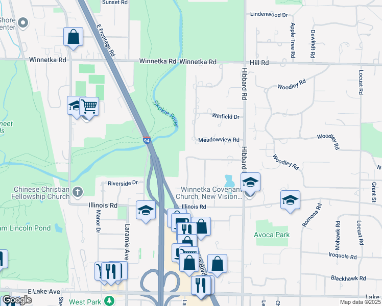 map of restaurants, bars, coffee shops, grocery stores, and more near 45 Longmeadow Road in Winnetka