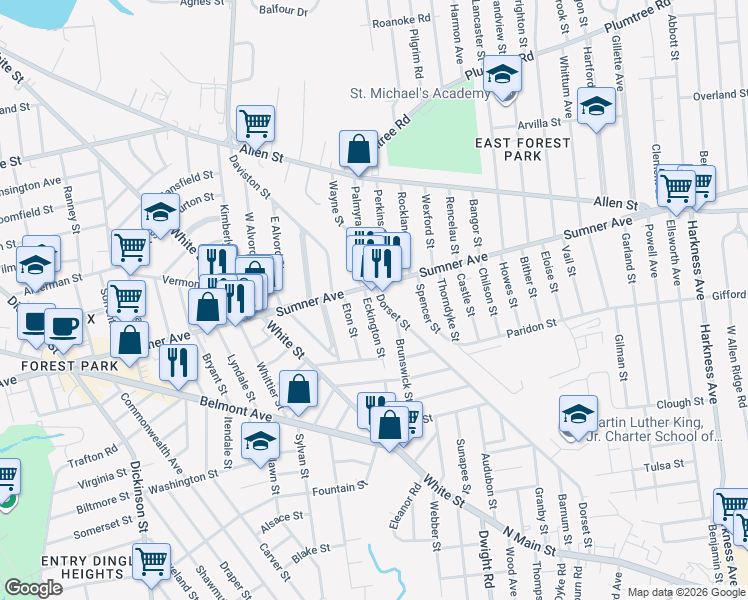 map of restaurants, bars, coffee shops, grocery stores, and more near 883 Sumner Avenue in Springfield