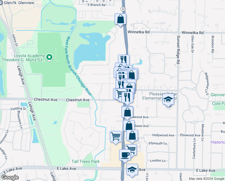 map of restaurants, bars, coffee shops, grocery stores, and more near 1735 Jefferson Avenue in Glenview
