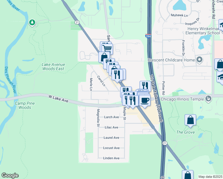 map of restaurants, bars, coffee shops, grocery stores, and more near 3570 Lawrence Lane in Northbrook