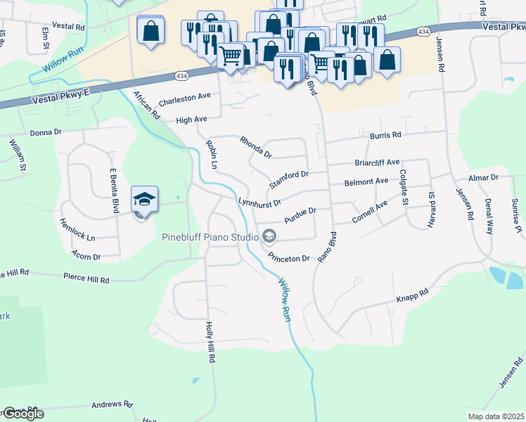 map of restaurants, bars, coffee shops, grocery stores, and more near 2604 Lynnhurst Drive in Vestal