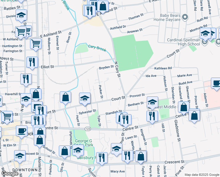 map of restaurants, bars, coffee shops, grocery stores, and more near 340 Court Street in Brockton