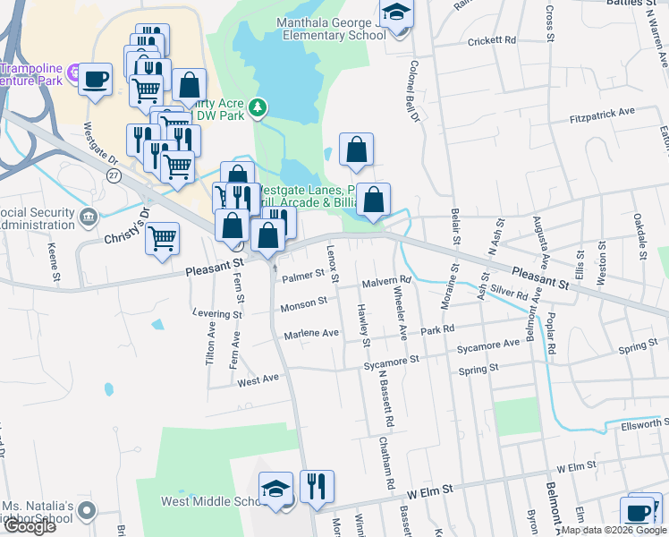 map of restaurants, bars, coffee shops, grocery stores, and more near 27 Lenox Street in Brockton
