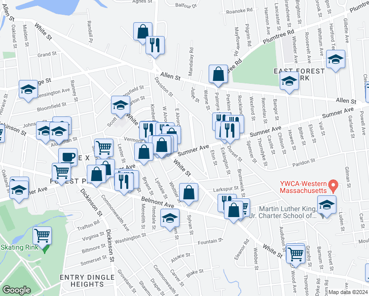 map of restaurants, bars, coffee shops, grocery stores, and more near 788 Sumner Avenue in Springfield