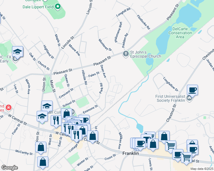 map of restaurants, bars, coffee shops, grocery stores, and more near 132 Dean Avenue in Franklin