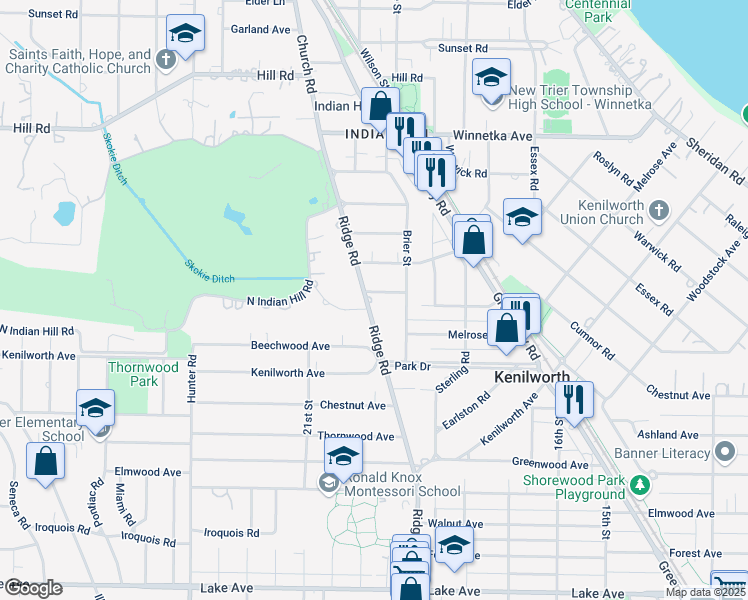 map of restaurants, bars, coffee shops, grocery stores, and more near 525 Ridge Road in Kenilworth