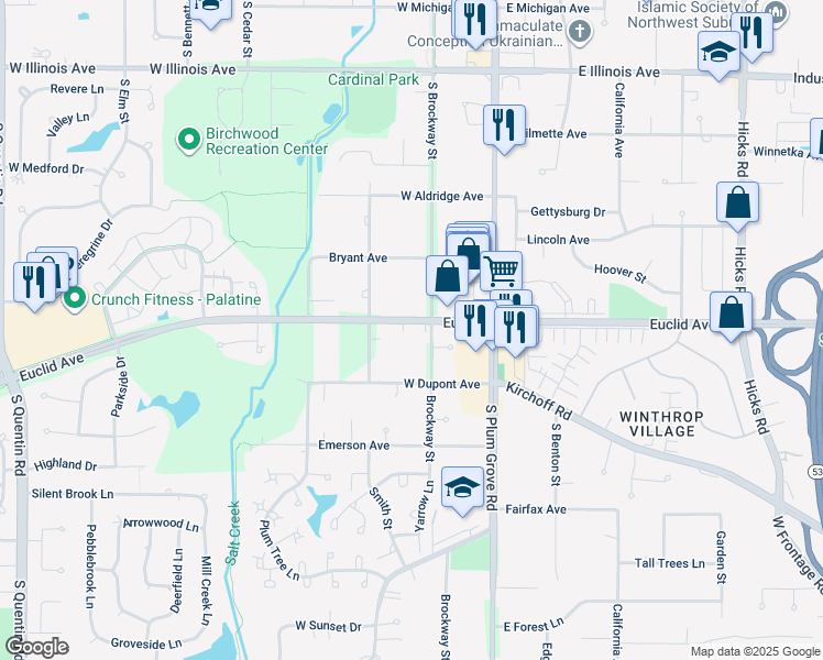 map of restaurants, bars, coffee shops, grocery stores, and more near 4949 Euclid Avenue in Palatine