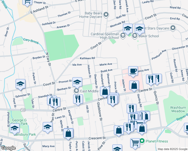map of restaurants, bars, coffee shops, grocery stores, and more near 90 Sheridan Street in Brockton