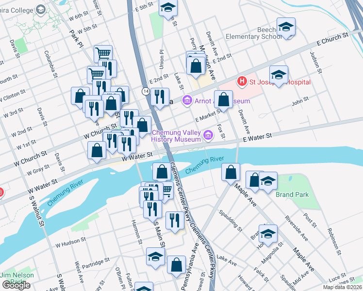 map of restaurants, bars, coffee shops, grocery stores, and more near 1 Chemung Canal Plaza in Elmira