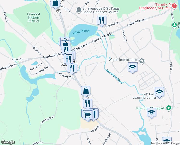 map of restaurants, bars, coffee shops, grocery stores, and more near 119 Rogerson Crossing in Uxbridge
