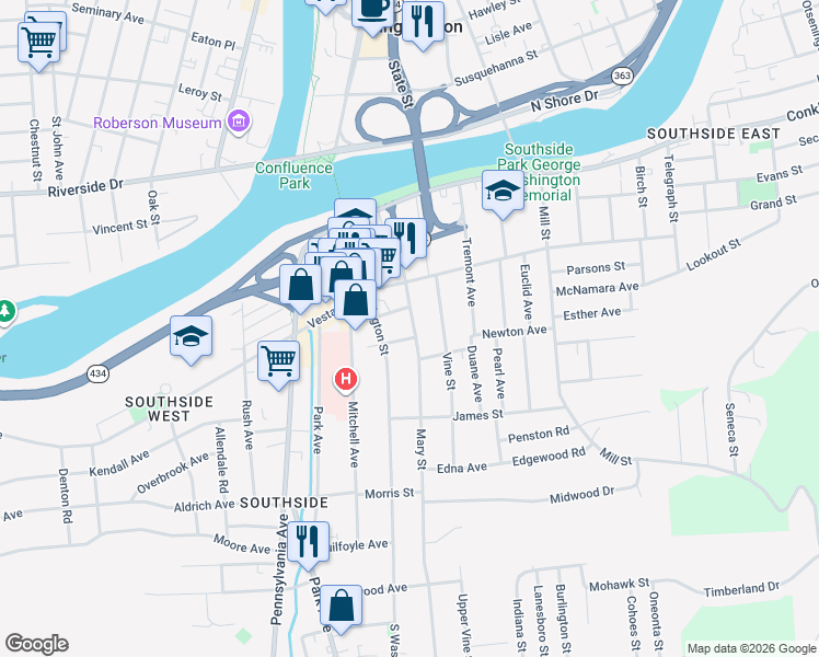 map of restaurants, bars, coffee shops, grocery stores, and more near 50 Mary Street in Binghamton