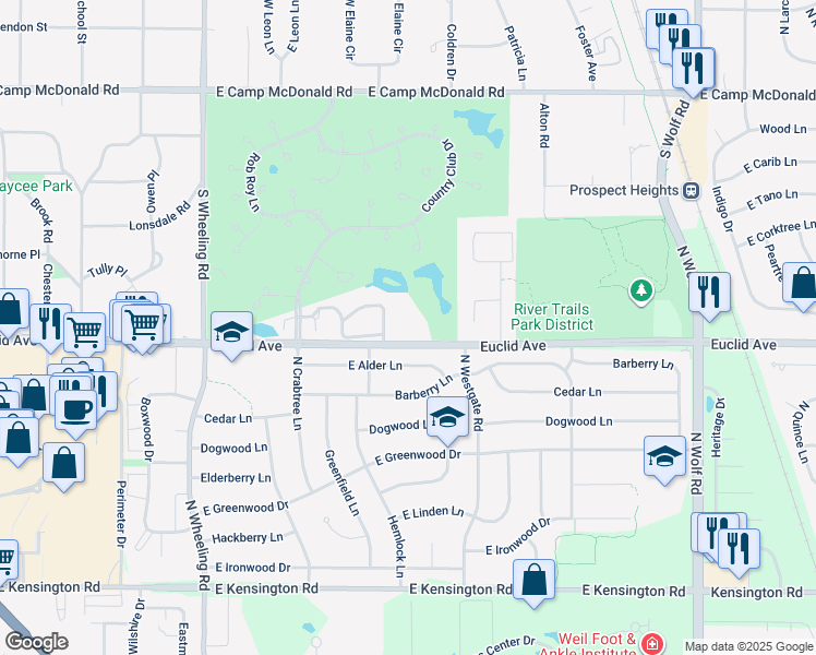map of restaurants, bars, coffee shops, grocery stores, and more near 700 East Euclid Avenue in Prospect Heights
