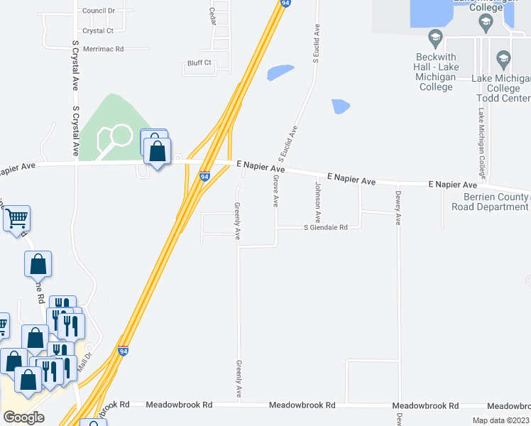 map of restaurants, bars, coffee shops, grocery stores, and more near 1622 Grove Avenue in Benton Harbor