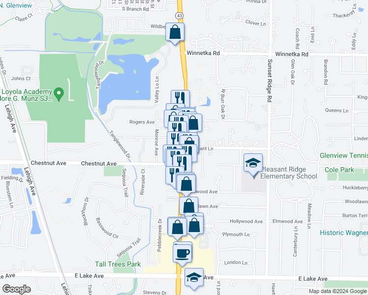 map of restaurants, bars, coffee shops, grocery stores, and more near 1839 Waukegan Road in Glenview