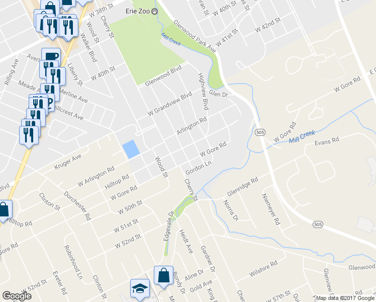 map of restaurants, bars, coffee shops, grocery stores, and more near 515 Hilltop Road in Erie