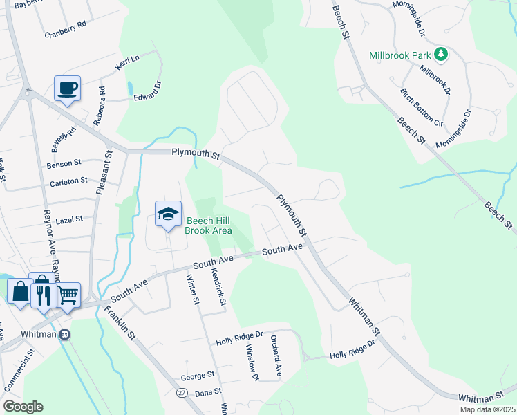 map of restaurants, bars, coffee shops, grocery stores, and more near 160 Plymouth Street in Whitman