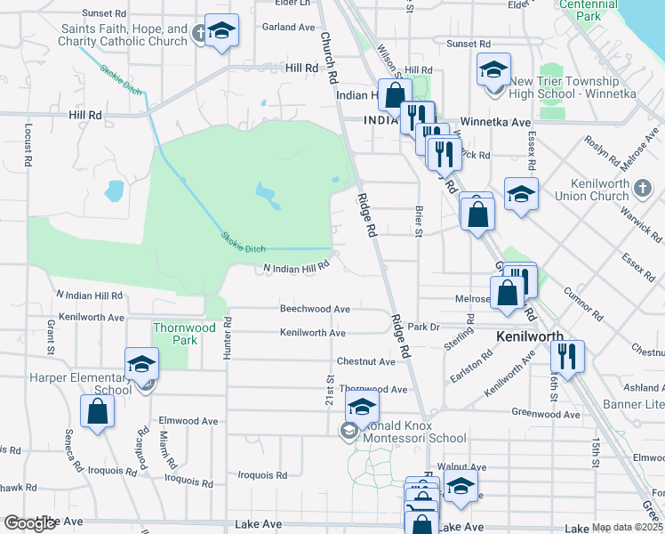 map of restaurants, bars, coffee shops, grocery stores, and more near 83 North Indian Hill Road in Winnetka