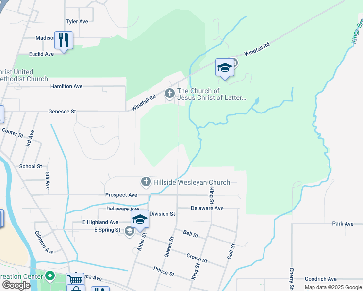 map of restaurants, bars, coffee shops, grocery stores, and more near 1220 Queen Street in Olean