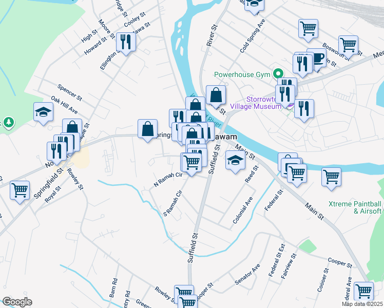 map of restaurants, bars, coffee shops, grocery stores, and more near 1-25 Agawam Shopping Court in Agawam