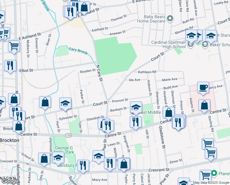 map of restaurants, bars, coffee shops, grocery stores, and more near 412 Court Street in Brockton