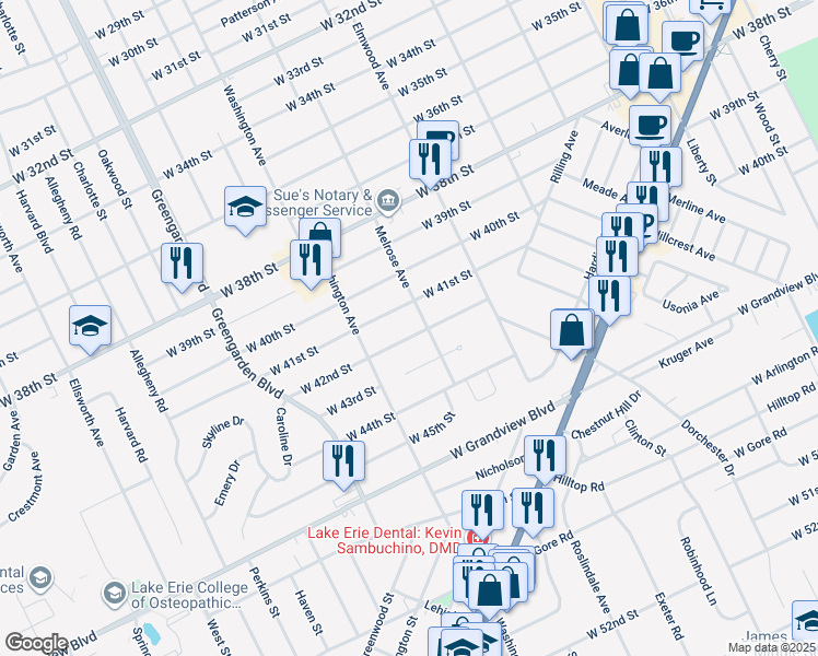 map of restaurants, bars, coffee shops, grocery stores, and more near 1414 W 42nd St in Erie