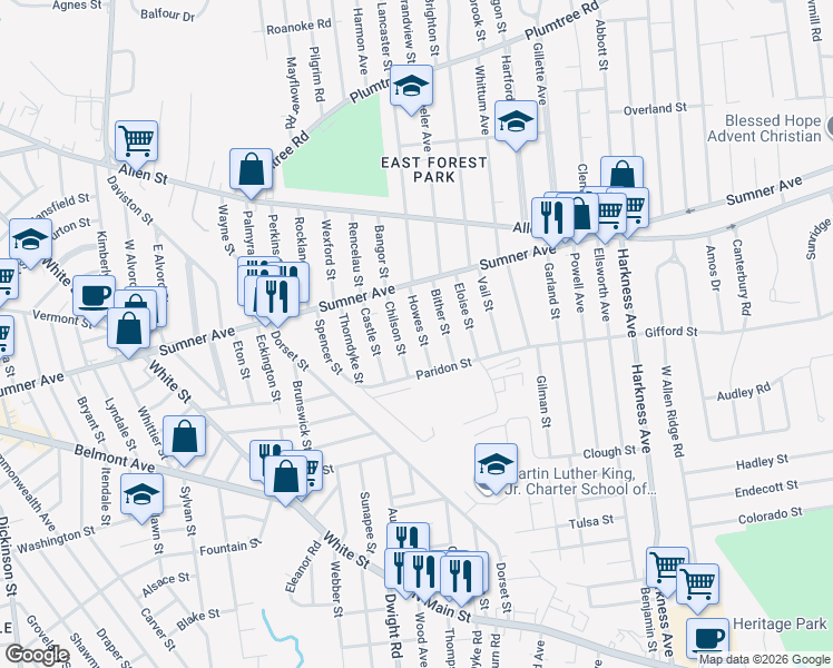 map of restaurants, bars, coffee shops, grocery stores, and more near 47-49 Howes Street in Springfield