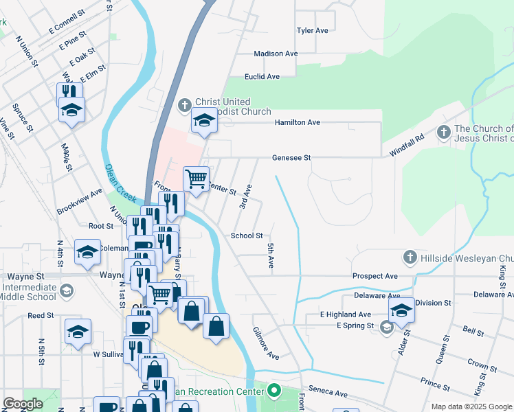 map of restaurants, bars, coffee shops, grocery stores, and more near 418 Center Street in Olean