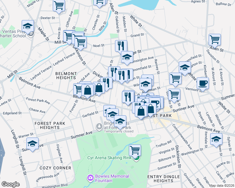 map of restaurants, bars, coffee shops, grocery stores, and more near 52 Kenwood Park in Springfield