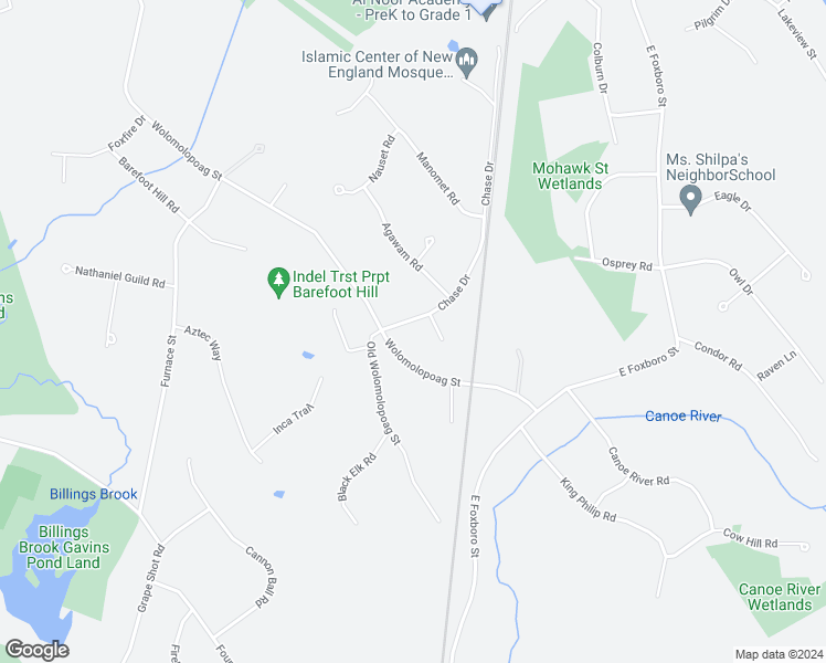 map of restaurants, bars, coffee shops, grocery stores, and more near 5 Chase Drive in Sharon