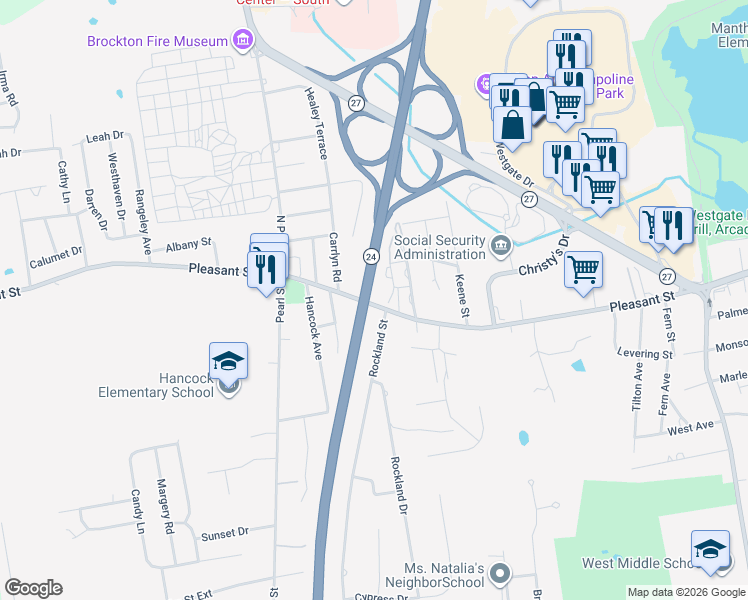 map of restaurants, bars, coffee shops, grocery stores, and more near 995 Pleasant Street in Brockton