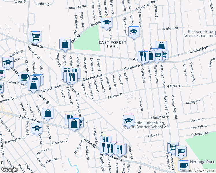 map of restaurants, bars, coffee shops, grocery stores, and more near 47-49 Howes Street in Springfield