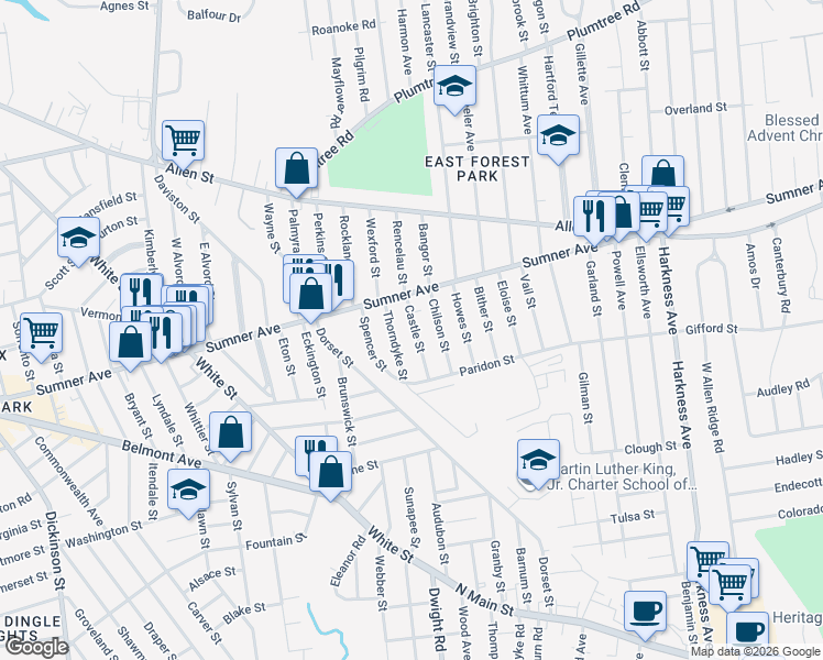 map of restaurants, bars, coffee shops, grocery stores, and more near 27 Thorndyke Street in Springfield