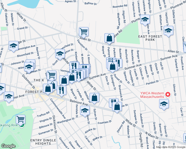 map of restaurants, bars, coffee shops, grocery stores, and more near 806 Sumner Avenue in Springfield