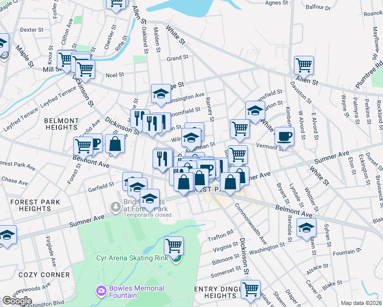 map of restaurants, bars, coffee shops, grocery stores, and more near 28 Alderman Street in Springfield