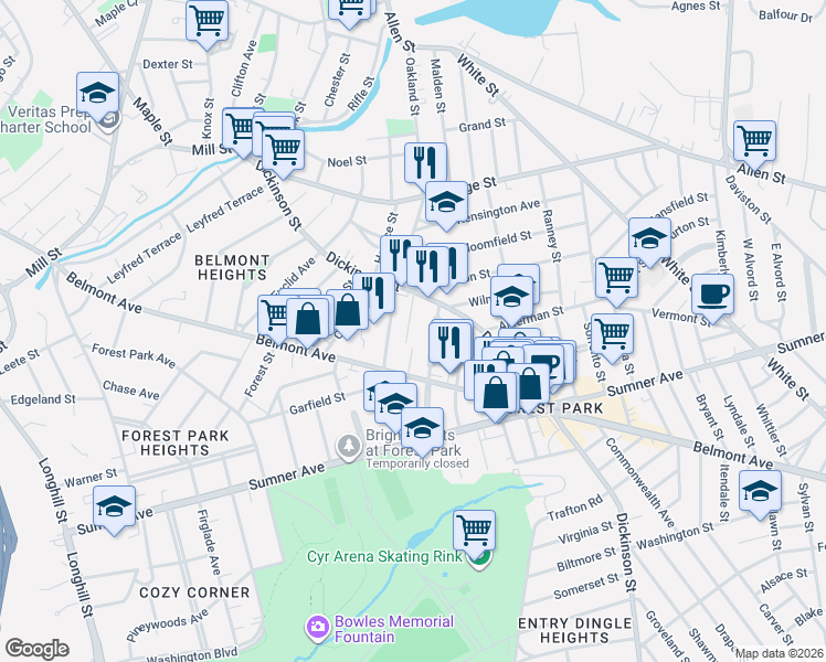 map of restaurants, bars, coffee shops, grocery stores, and more near 52 Kenwood Park in Springfield