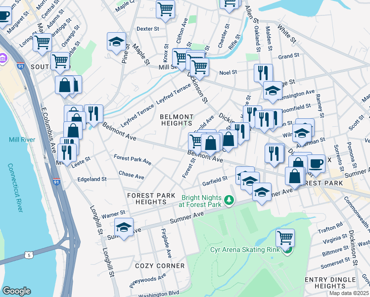 map of restaurants, bars, coffee shops, grocery stores, and more near 205 Belmont Avenue in Springfield
