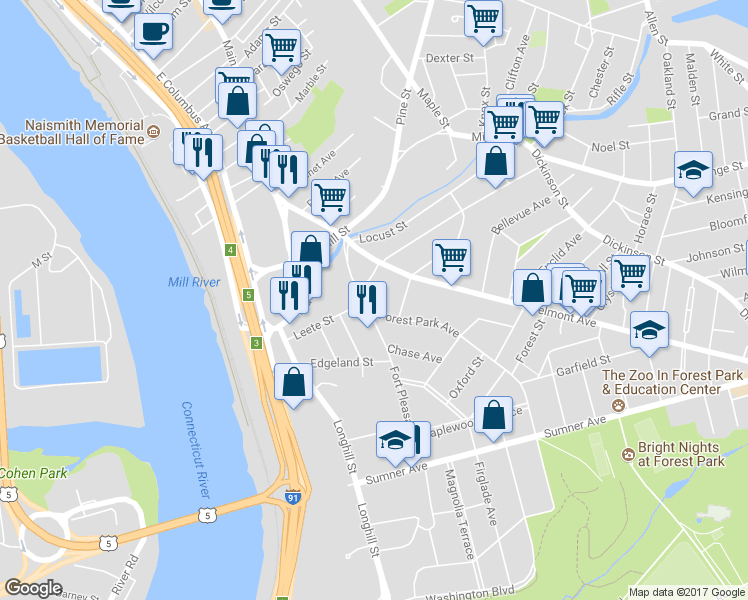 map of restaurants, bars, coffee shops, grocery stores, and more near 77 Fort Pleasant Avenue in Springfield