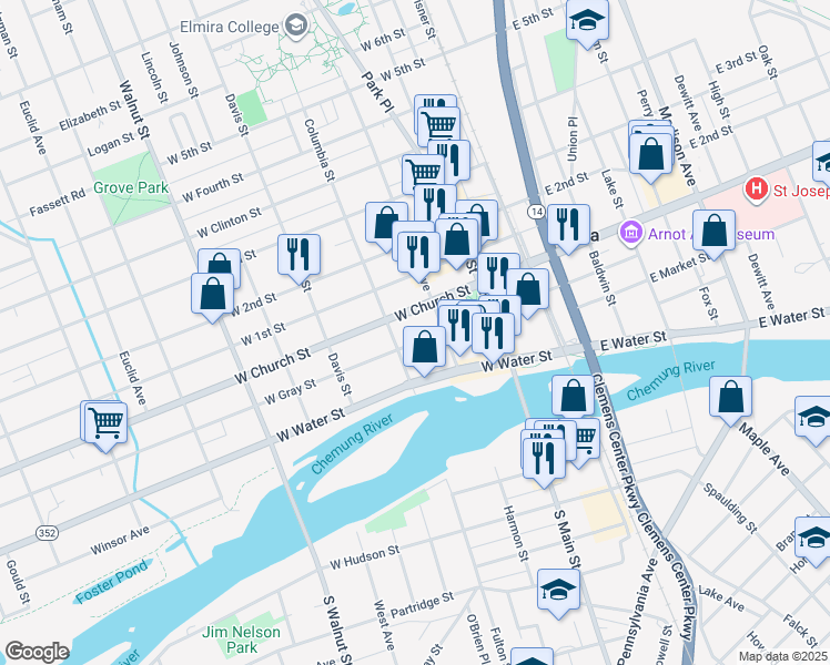 map of restaurants, bars, coffee shops, grocery stores, and more near 308 West Gray Street in Elmira