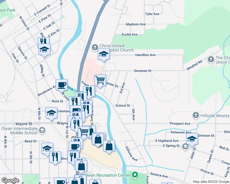map of restaurants, bars, coffee shops, grocery stores, and more near 438 2nd Avenue in Olean