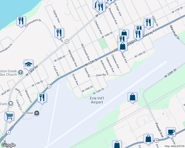 map of restaurants, bars, coffee shops, grocery stores, and more near 4018 Oxer Road in Erie